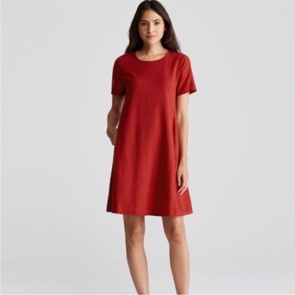 EILEEN FISHER Serrano Red Silk Noil Round Neck Shift Dress Medium textured rust